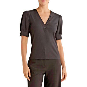 Derek Lam 10 Crosby Puff Sleeve Polo Top M Black Stretch Cotton NWT